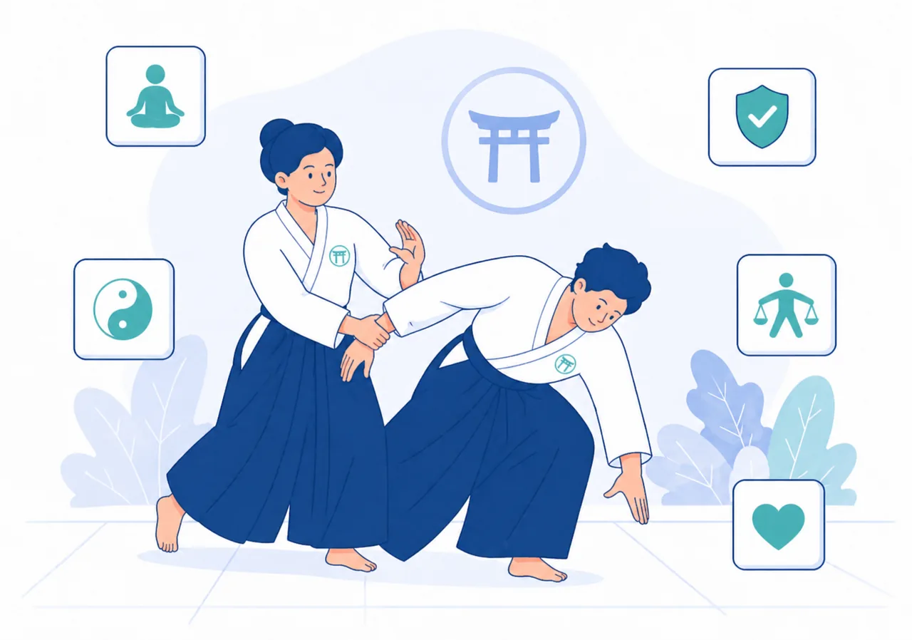 Praticanti di Aikido durante una tecnica di controllo con simboli di equilibrio e benessere