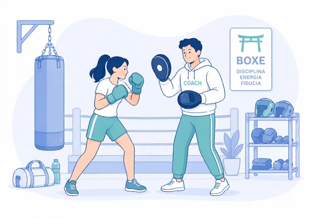 Allenamento di Boxe per principianti con coach, colpitori, ring e sacco