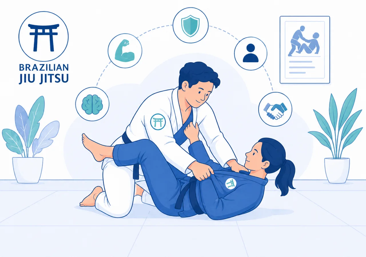 Lezione di Brazilian Jiu Jitsu per principianti con controllo a terra e simboli di sicurezza, forza e rispetto