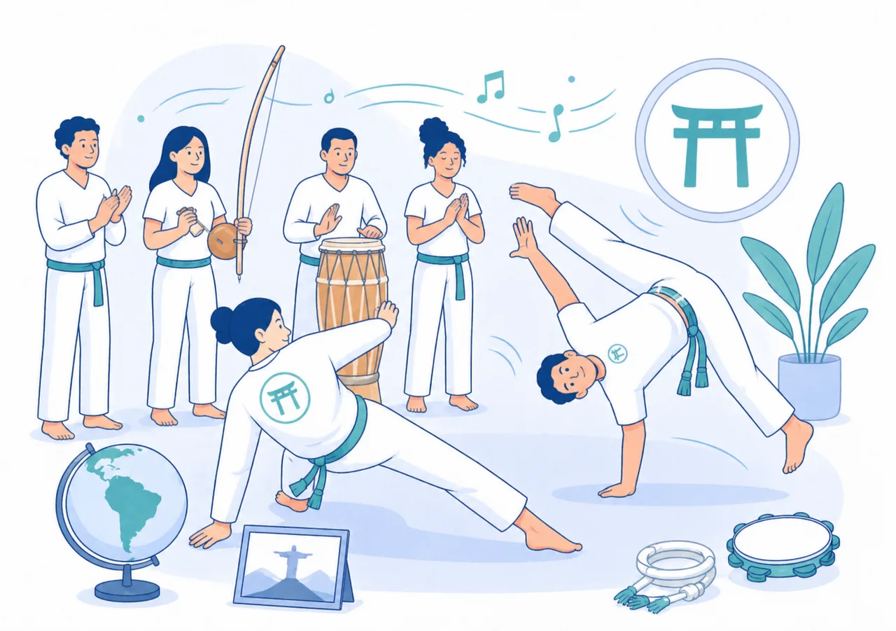 Roda di Capoeira con musica, berimbau, tamburo e praticanti in movimento acrobatico