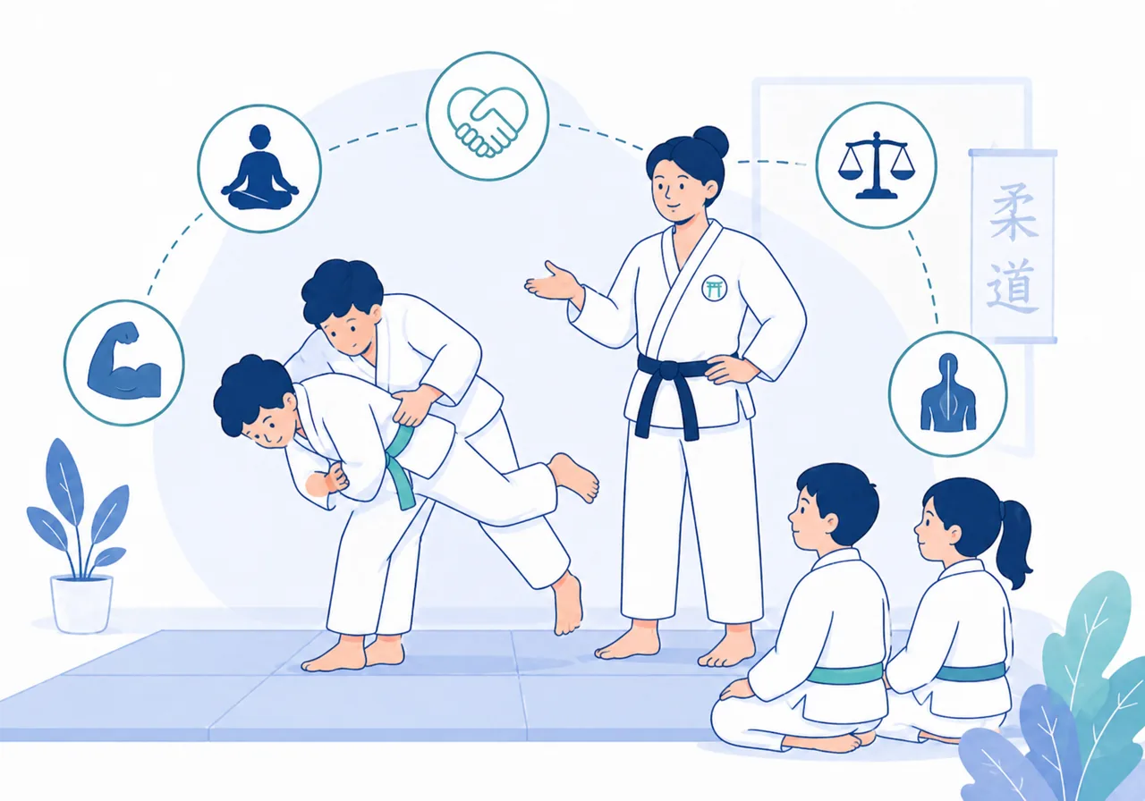 Lezione di Judo con proiezione controllata e simboli di equilibrio, rispetto e forza