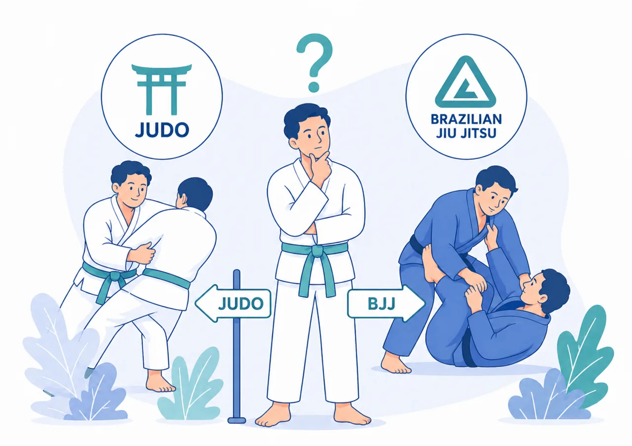Praticante indeciso tra Judo e Brazilian Jiu Jitsu con confronto tra proiezioni e lotta a terra
