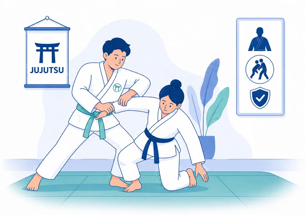 Praticanti di Jujutsu durante una tecnica di controllo con simboli di autodifesa e lotta