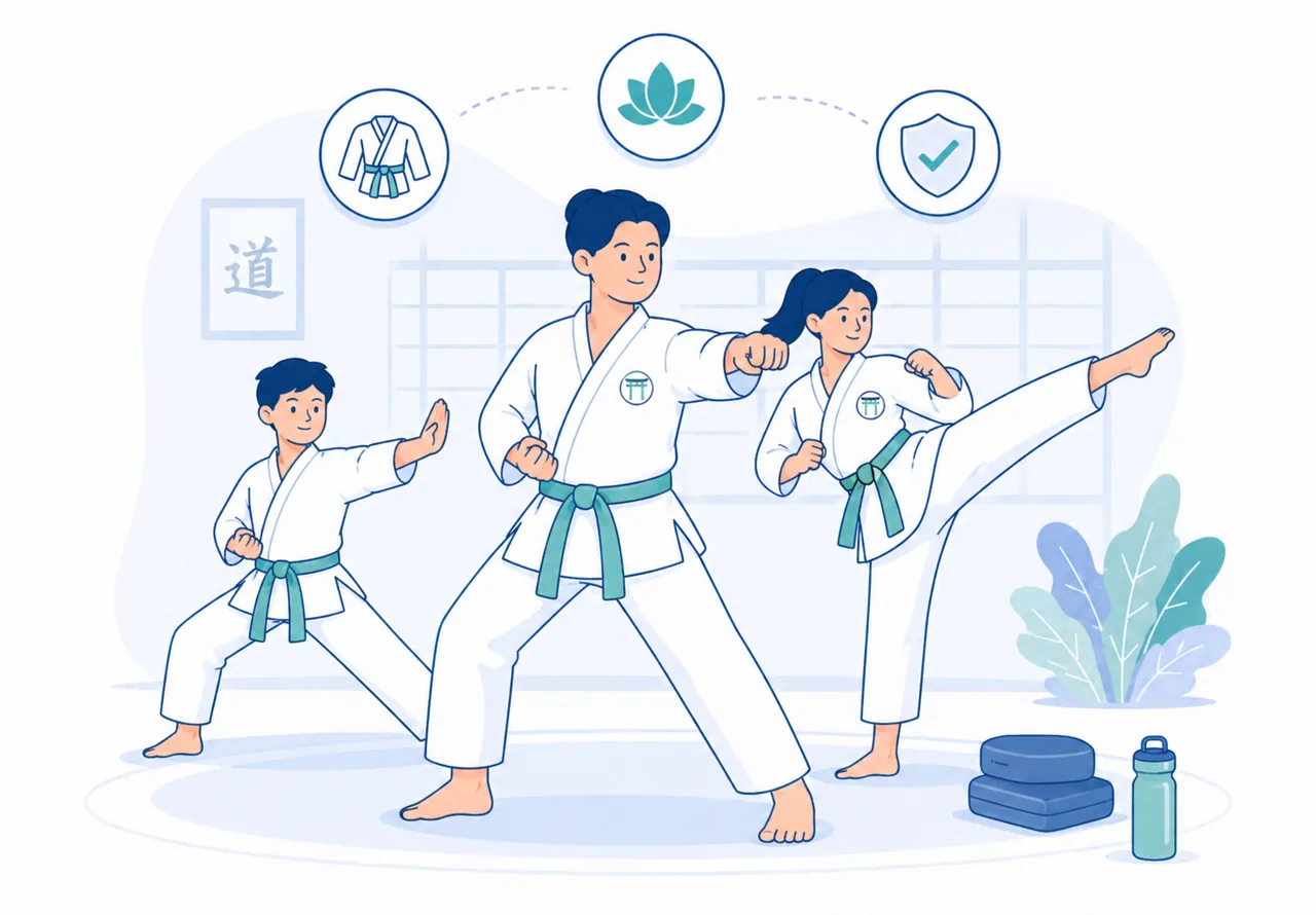 Praticanti di Karate in allenamento con simboli di disciplina, benessere e sicurezza