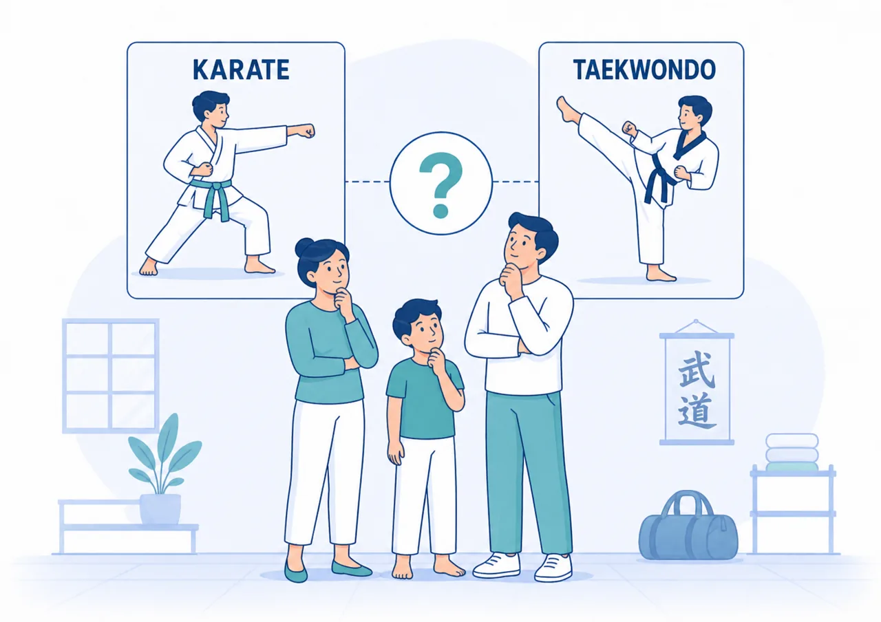 Famiglia indecisa tra corso di Karate e corso di Taekwondo per bambini e principianti