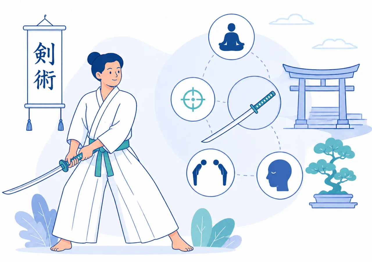 Praticante di Kenjutsu con spada e simboli di postura, precisione e disciplina tradizionale