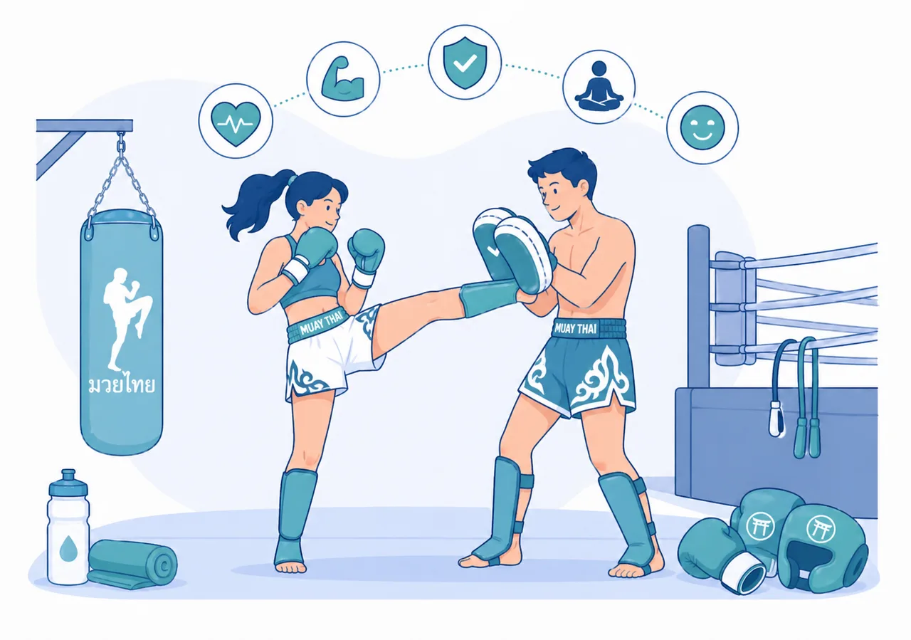 Allenamento di Muay Thai con calcio ai pao, ring, sacco e simboli di forza, sicurezza e benessere