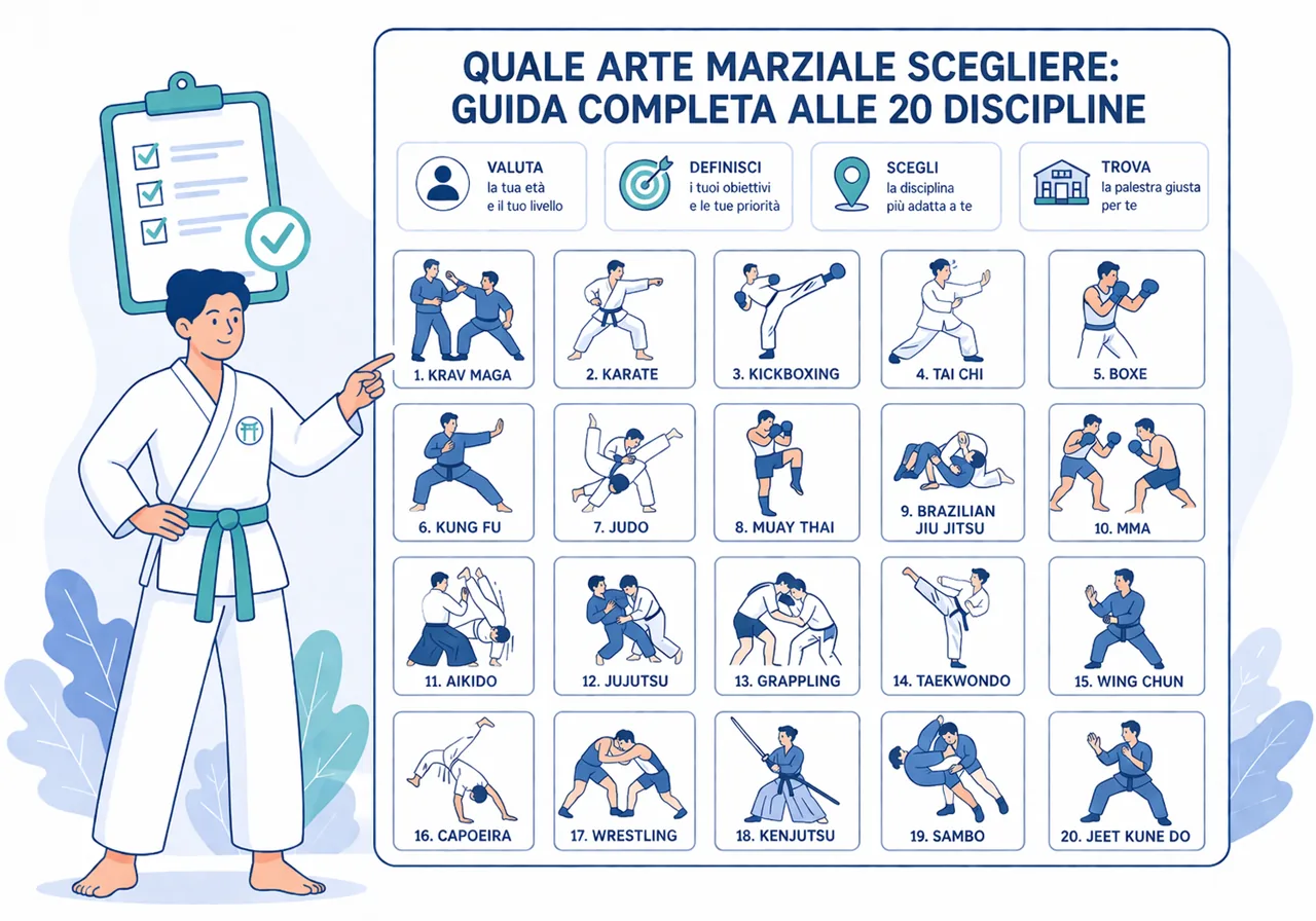 Infografica con le 20 discipline di arti marziali per scegliere il corso giusto