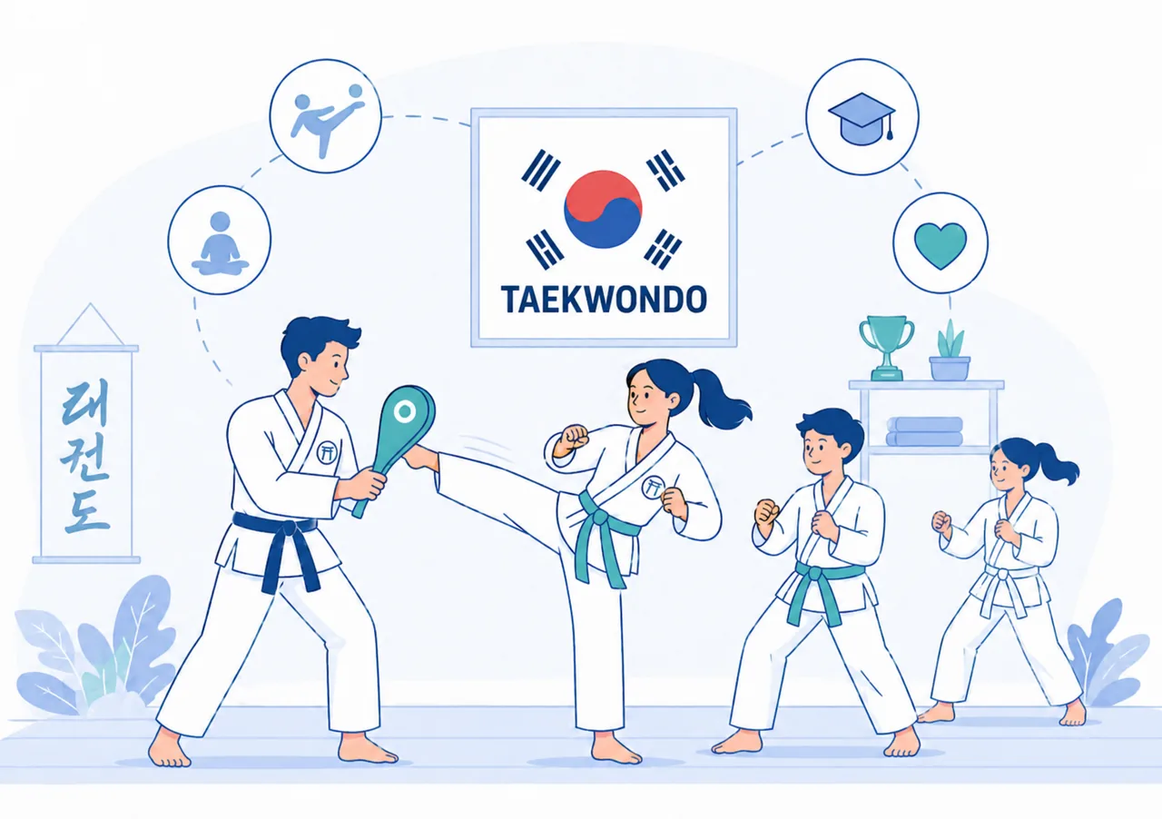 Lezione di Taekwondo per bambini e principianti con esercizi di calcio e simboli educativi