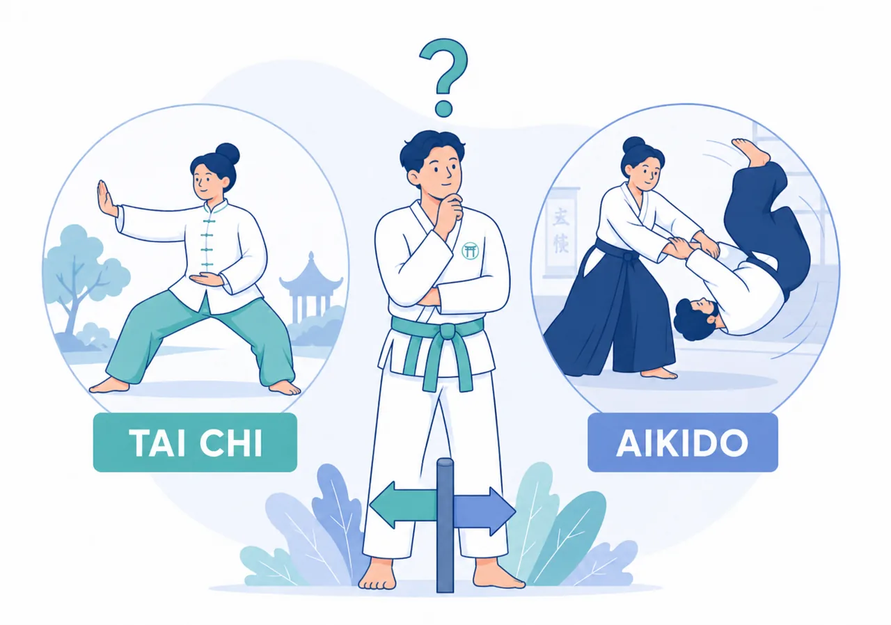 Praticante indeciso tra Tai Chi per benessere e Aikido per controllo del corpo