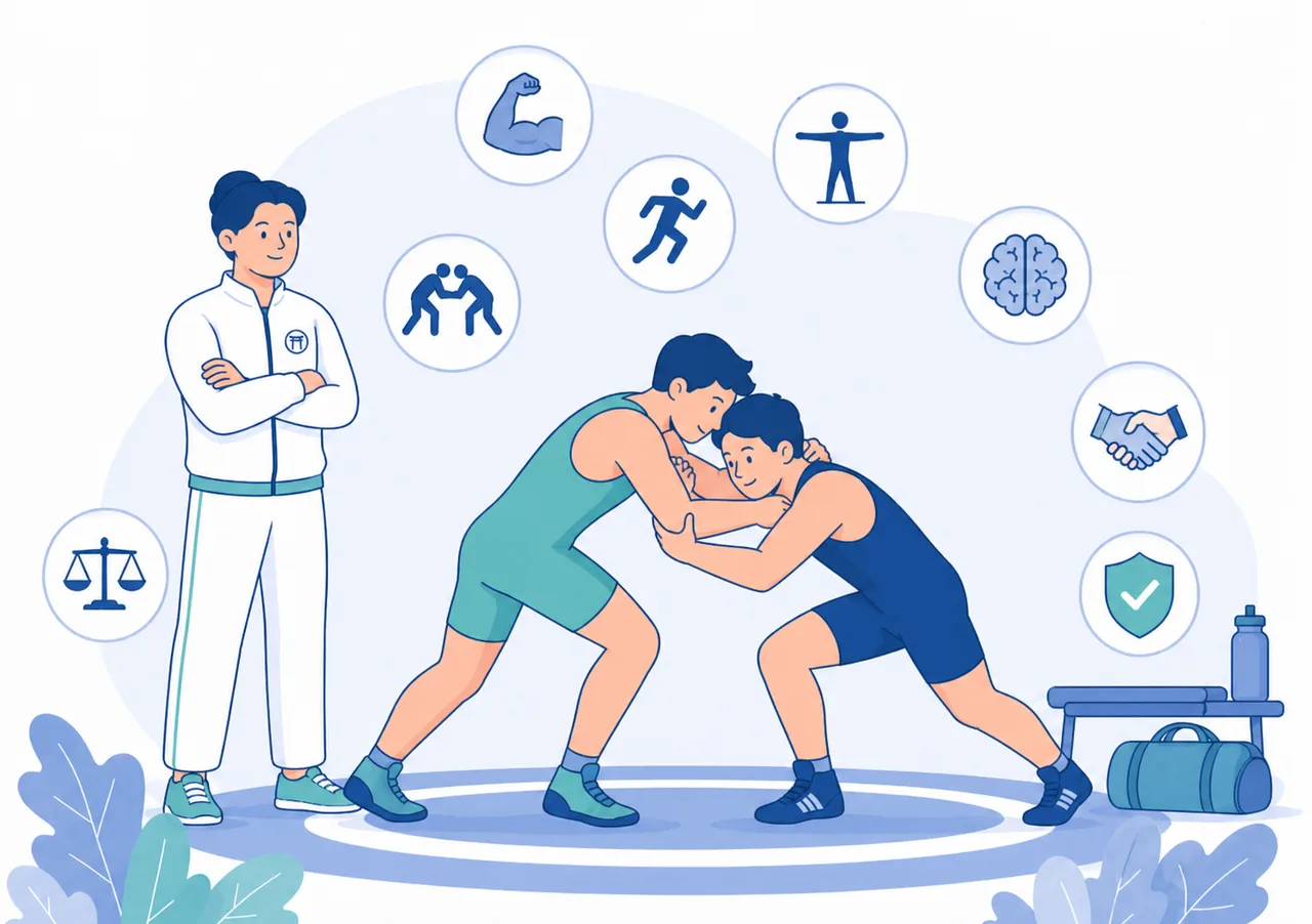 Allenamento di Wrestling con istruttore e simboli di forza, equilibrio, sicurezza e rispetto