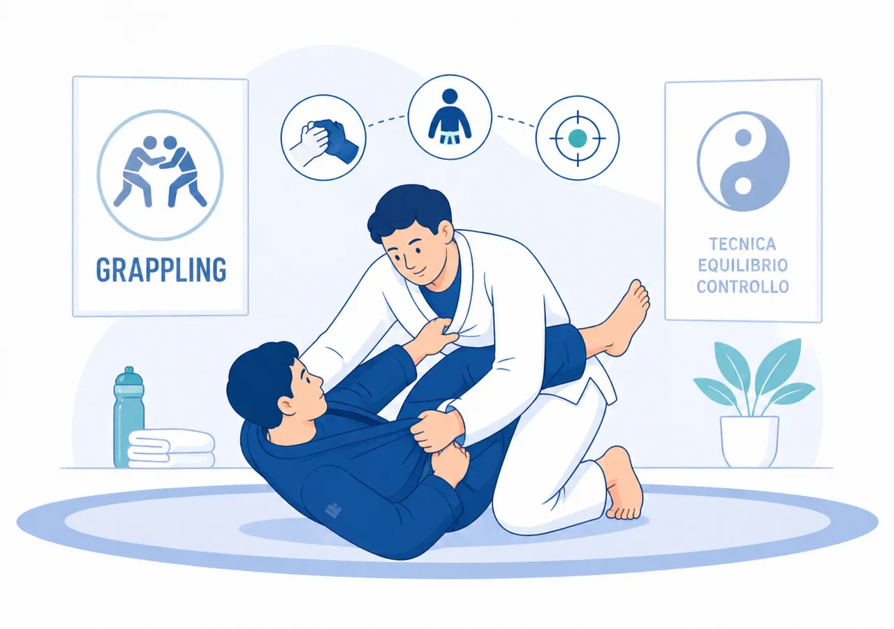 Lezione di Grappling con controllo a terra e simboli di tecnica, equilibrio e controllo