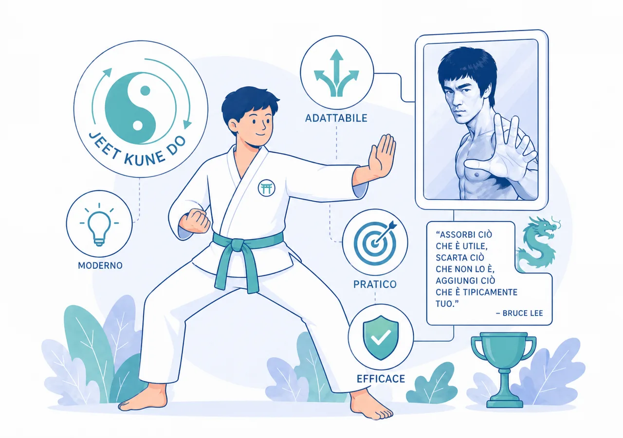 Guida al Jeet Kune Do con praticante, simboli di adattabilità, efficacia e citazione di Bruce Lee