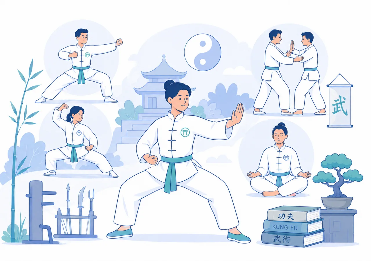 Guida al Kung Fu con praticanti, forme tradizionali, meditazione e simboli delle arti marziali cinesi
