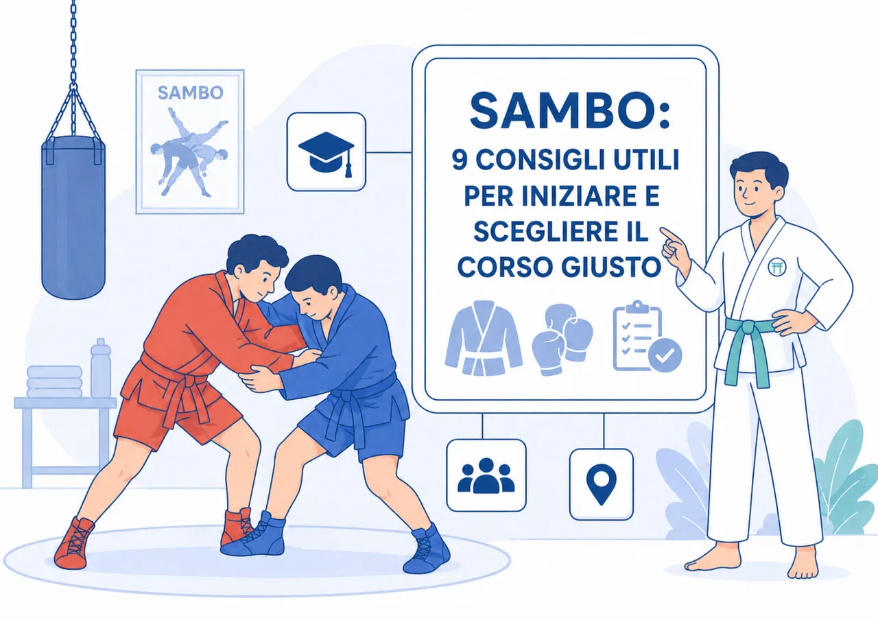 Guida al Sambo con praticanti in allenamento e simboli per scegliere il corso giusto