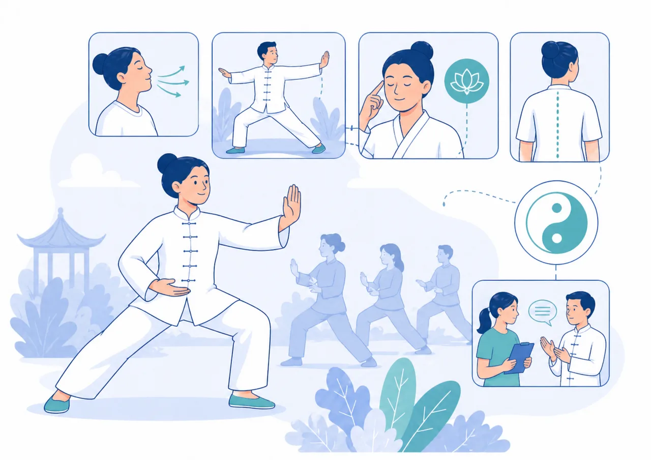 Guida al Tai Chi con movimenti lenti, respirazione, postura, equilibrio e pratica in gruppo