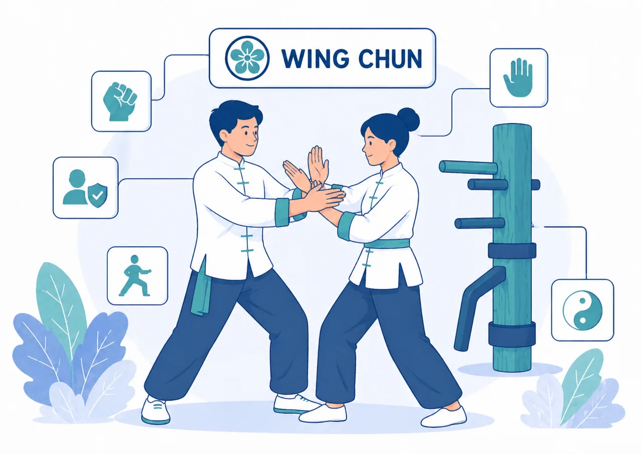 Allenamento di Wing Chun con lavoro a coppie, manichino di legno e simboli dei principi base